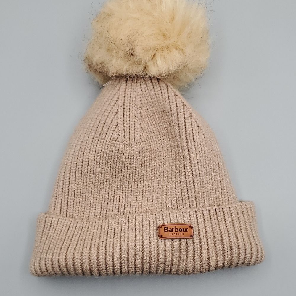 Barbour Beige Knit Hat with Cream Pom-Pom